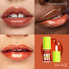 NYX Professional Makeup Lip Oil, Fat Oil Lip Drip, High Shine Tinted Gloss, 12hr Hydrating Lip Treatment with Squalane, Non-Sticky, Vegan, Shade: Caramelt Mami