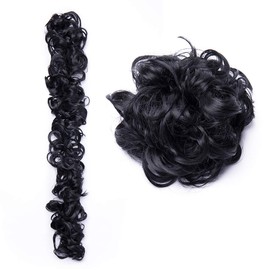 Messy Long Hair Bun Maker Versatile Hair Curly DIY Ponytail Extensions Synthetic Hair Tousled Updo Fluffy Hair Chignon Wrap Around Scrunchies Hair Band Black