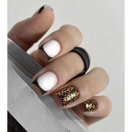 Kikmoya 24Pcs Fall Press on Nails Short Square White Fake Nails with Leopard Print Designs Acrylic Glossy False Nails Autumn Nails Full Cover Stick on Nails for Women (White and Leopard Print)