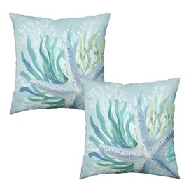 Wnoesat Coastal Starfish Pillow Covers 16x16 Set of 2 Nautical Beach Themed Outdoor Throw Pillow Cases Summer Ocean Coral Seagrass Decorative Cushion Covers for Bed Couch Sofa Living Room