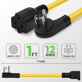[4-in-1]12AWG Flat 15 Amp Household AC Plug to 20 Amp T Blade Adapter Cable 1FT, Thin-Type 45 Degree 15A 125V to 20A 250V Power Extension Cord Converter,Nema 5-15P to 5-15R/5-20R, 5-15P to 6-15R/6-20R