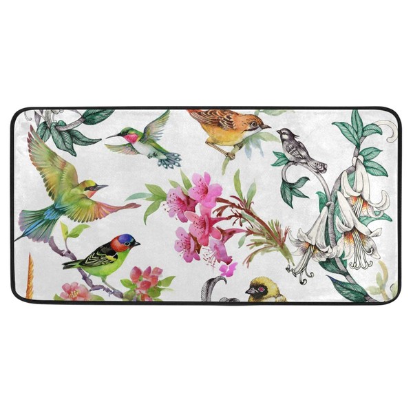 Kitchen Mat Tropical Flowers Birds Pattern Non-Slip Backing Door Mat