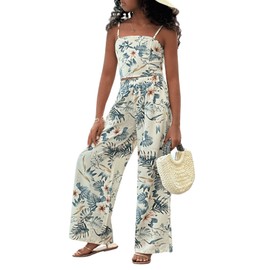 Floerns Girl's 2 Piece Outfit Hawaiian Tropical Crop Cami Tops and Boho Pants Set Light Green 9Y