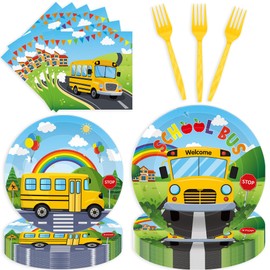 MOIZYNG 96 PCS Back to School Bus Plates and Napkins Party Supplies, Disposable Yellow Bus Rainbow Tableware Set for First Day of School Birthday Kindergarten Party Favors, Serve 24 Guests