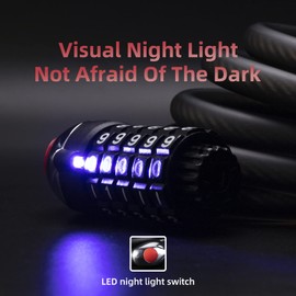 ROCKBROS Bike Lock Cable 4/6 Feet Bicycle Cable Lock with LED Light for Night High Security 5-Digit Resettable Combination Lock 1525mm Thickened Steel Cable Lock for Bicycle Motorcycle