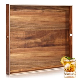 Extra Large Square Ottoman Table Tray with Handles 24 Inch Acacia Wood Serving Tray Large Ottoman Wood Tray for Ottoman Kitchen Coffee Sofa Table Organizer Storage Tray Ottoman Table Topper