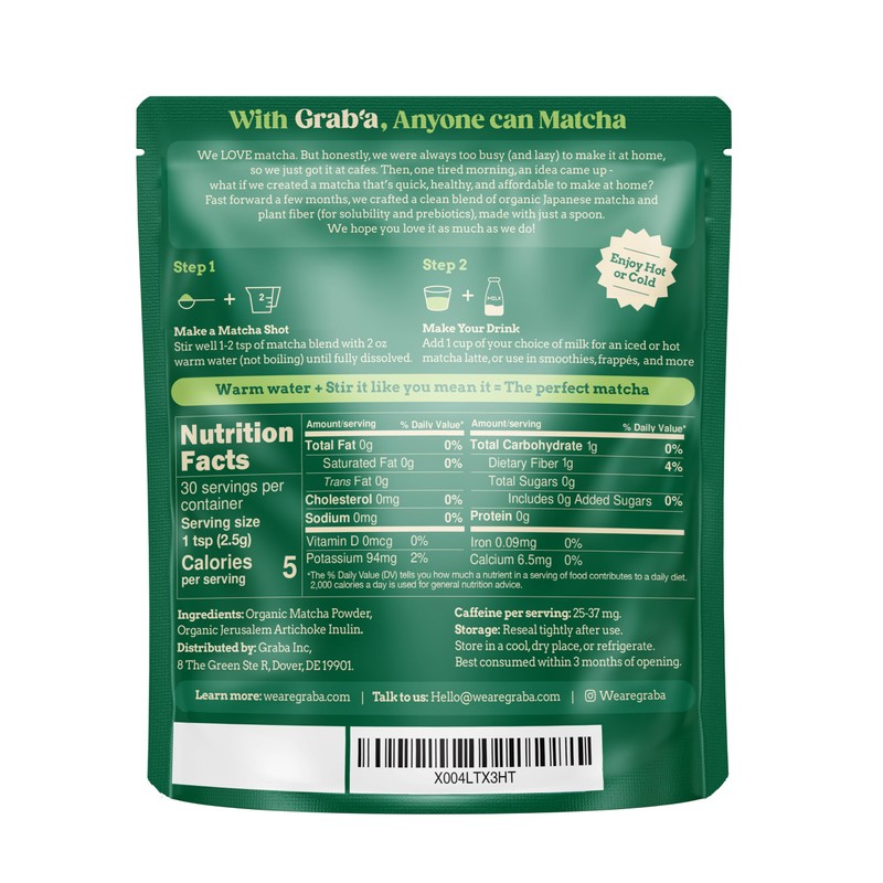 Grab’a Matcha Organic Instant Matcha Green Tea Powder with Prebiotics,