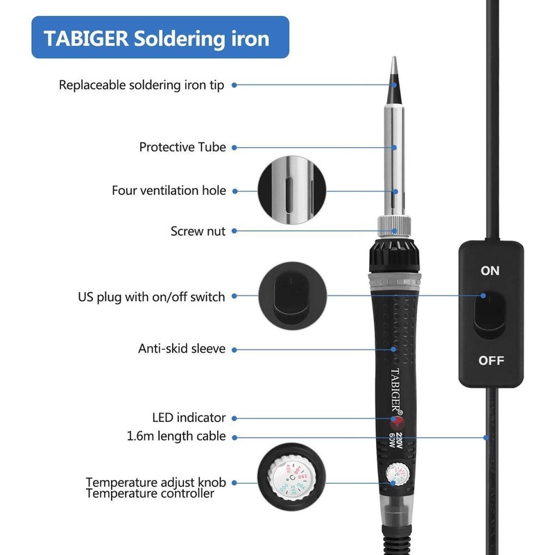 Tabiger Soldering Iron, Adjustable Temperature 60W Soldering Iron Gun with