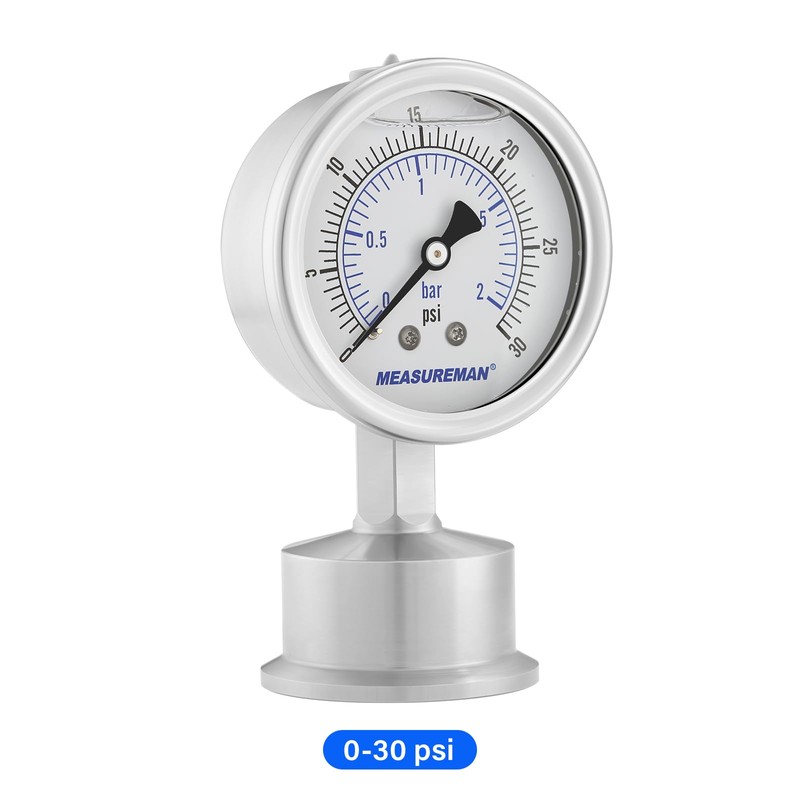 MEASUREMAN Stainless Steel Sanitary Pressure Gauge, 2.5” Dial, 0-30 PSI