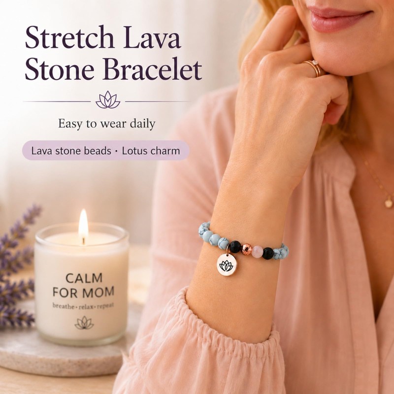 Gifts for Mom, Calm Candle and Stretch Lava Stone Bracelet