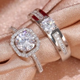2PCS Couple Diamond Rings, Luxury Microinlaid Diamond Rings Kit Engagement Jewelry Womens Wedding Band Ring Set for Women Jewelry Couples
