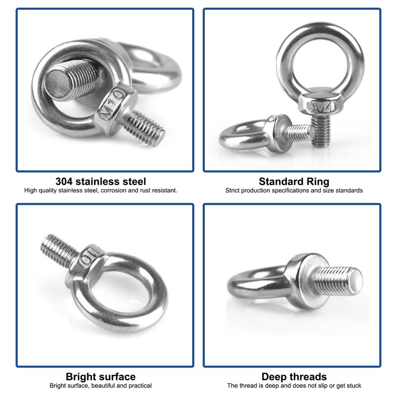 Pack of 6 Stainless Steel Eye Bolts, M10 Eye Bolts