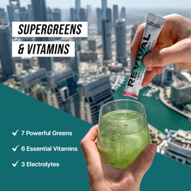 Revival Super Greens Powder with Electrolytes, Vitamins & Minerals - Superfood Drink Supplement - 28 Pack Strawberry Kiwi