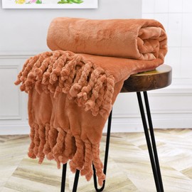 BYTIDE Throw Blankets Couch Cover Flannel Fleece Throw with Braided Rope Fringe Tassels, Plush Cozy Warm Soft Smooth Throw for Couch Sofa Bed Chair Home Décor, 60" x 80", Orange