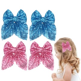 4Pcs Sparkling Sequin Hair Bows Clips - Nylon Mesh Bow-knot Bling Bling Glitter Alligator Hairpin Barrettes for Girls Kids Teens Women (Pink/Light Blue)