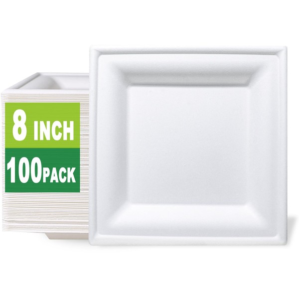 GreenWorks 100 Count 8 Inch Square Compostable Plates, Heavy Duty