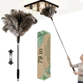 Extendable Ostrich Feather Duster 26"-79", Real Fluffy Ostrich Feather Duster, Telescoping Handle for High Ceiling Cleaning, Fan Dust Removing, Furniture, Car Cleaning – Standard Threaded Interface