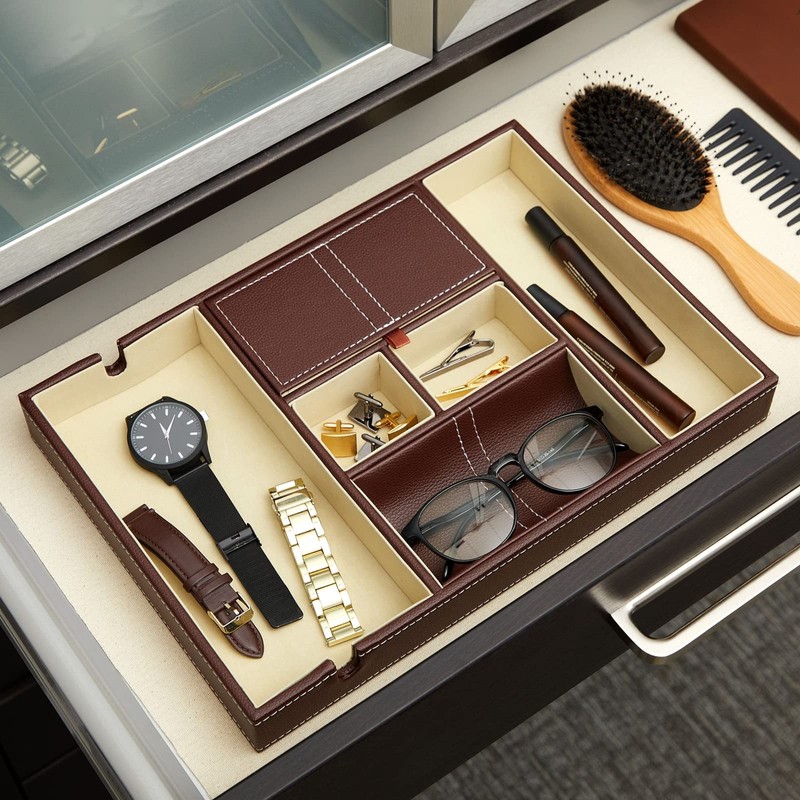 Juvale Leather Valet Catchall Tray for Men with 6 Compartments