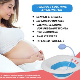 PRIDKEN Sitz Bath for Hemorrhoids, Sitz Bath for Toilet Seat, Sitz Bath for Postpartum Care,Collapsible Sits Bath Kit for Women,Easy to Store,Flusher Hose,Wide Seat,Deeper Bowl (Manual Blue)