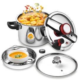 BreeRainz 8.45QT 304 Stainless Steel Pressure Cooker, 3-Stage PSI Settings, One-Hand Locking,Explosion-Proof Pot w/Extra Glass Lid, Timer, Steaming Rack(Induction Compatible)