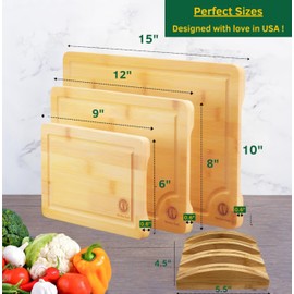 Bamboo cutting board set with Holder, Bamboo cutting boards set of 3 w/Juice Groove & Side handles, Thick Chopping Board for Meat, Veggies, Wooden cutting board set (3, Natural, 3-piece set + Holder)