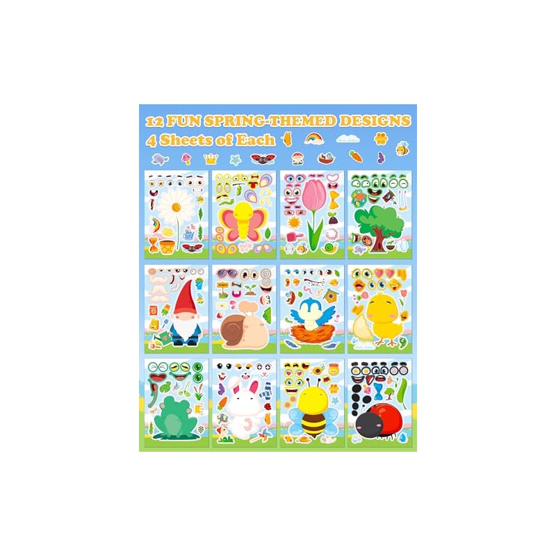 Aowplc Spring Make-a-Face Stickers for Kids 48 Sheets Mix 'n