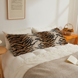 XeGe 20x54 Fluffy Body Pillow Cover, Tiger Print Plush Fuzzy Faux Fur Body Pillowcase with Zipper, Rectangular Shaggy Furry Long Pillow Cover for Pregnant Women Side Sleeper, Tiger Print Brown
