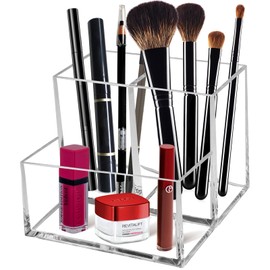 Cerpourt Clear Acrylic Makeup Brush Organizer,Multi-Purpose Cosmetic Brushes Storage Holder with 3 Slots,Pencil Pen Holder for Desk,Desk Organizer and Accessories for Vanity