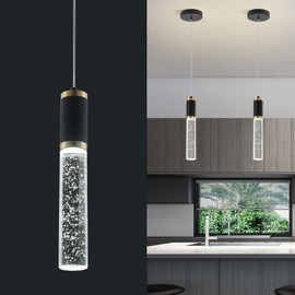 Upfelw Modern Pendant Lighting for Kitchen Island, Mini Bubble Crystal Pendant Light Fixture, Black Gold LED Dining Room Bedside Small Hanging Chandelier, 6000K White Light
