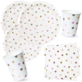 Pappteller Servietten Pappbecher Partygeschirr Set Punkt Bunt Tischdeko zum Geburtstag, Kindergeburtstag für 16 Gäste