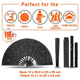 OMyTea Glitter Large Rave Clack Popping Fan for Line Dancing with Holster - 13'' Boots on The Ground Folding Hand Fan - for EDM, Music Festival, Hot Flashes, Party, Decoration (Black)