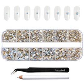 Beadsland Diamantes de imitación para maquillaje, 8 tamaños, 2500 unidades de diamantes de imitación de cristal con parte trasera plana, gemas faciale