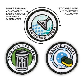 Winks For Days Adulting Merit Badge Embroidered Iron-On Patches (Responsibilities - Set 6) - Includes Three (3) 2" Patches: Took Out The Trash, Showered Today, and Washed Dishes