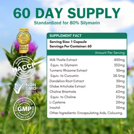 NYO3 Milk Thistle Liver Detox Supplement 400mg with Dandelion Root & Artichoke Silymarin, 60 Capsules Liver Cleanse Liver Support Herbal Health Supplement, Antioxidant Support
