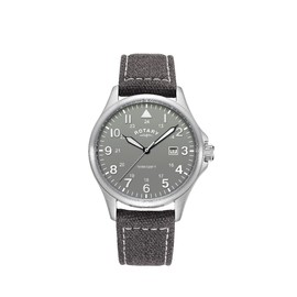 Rotary Mens Pilot Analogue Quartz Watch with Grey Dial and Grey Canvas Strap GS00473/48