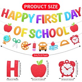 Happy First Day of School Banner Decorations - Colorful Glitter Apple and School Theme Garland Bunting Banner for Classroom Teacher Office Home Decor, Back to School Photo Backdrop Party Favors