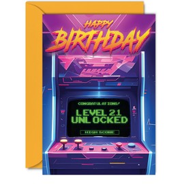 21st Gamer Birthday Cards for Men Women - Level 21 Unlocked - Happy 21 Birthday Card for Son Daughter Brother Sister Friend, 5x7 Inch Twenty-One Twenty-First Bday Video Game Greeting Cards