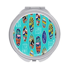 Colorful Surfboards Tropical Aloha Hawaii Live Free on Turquoise Folding Make Up Mirror, Portable Travel Makeup Mirror, Compact 2X/1X Magnification Mirror for Mom Women Ladies 2.4 x 2.4 inch