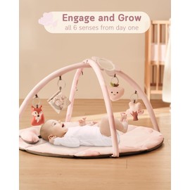 Fortella Baby Play Gym & Activity Mat, Tummy Time Mat w 5 Detachable Toys and Pillow, Large Sensory Playmat for Floor, Newborn Infant Baby Essentials Shower Gift 0-3-6-9-12 Months (Rose Pink)