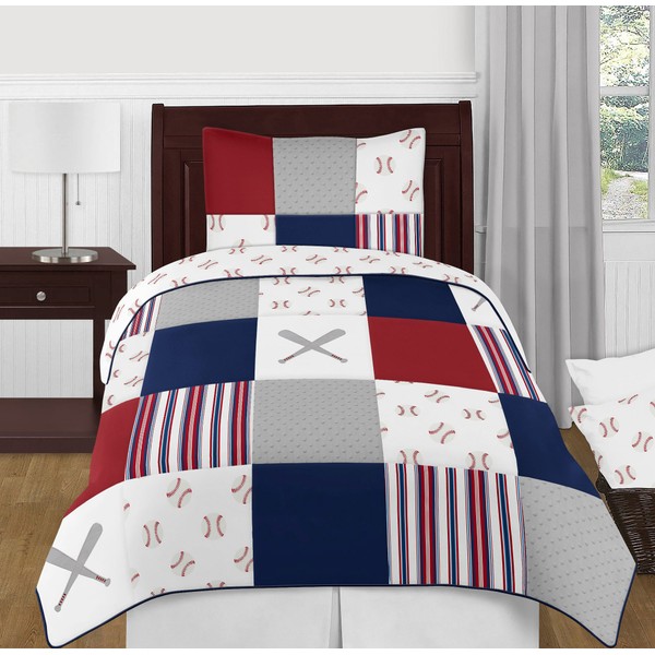 Sweet Jojo Designs Red, White and Blue Baseball Patch Sports Boy Twin Kid Childrens Bedding Comforter Set - 4 Pieces - Grey Patchwork Stripe