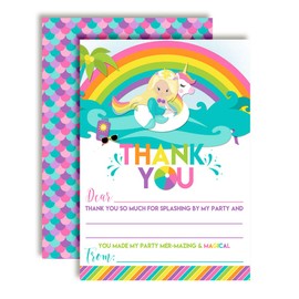 Blond Mermaid Unicorn Rainbow Pool Party-Themed Thank You Notes for Girls, Ten 4" x 5.5" Fill In The Blank Cards with 10 White Envelopes by AmandaCreation