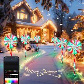 Brightown 6 Pack Smart Lollipop Christmas Pathway Lights Outdoor - 27IN 120 LED Candy Cane Pathway Lights with APP Control,16 Millions Colors, Waterproof Christmas Lights Outdoor Decoration for Lawn