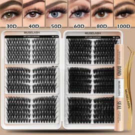 MUSELASH DIY Lash Clusters Kit, 530 Pcs 30D~100D Pre Map Volume Eyelash Clusters Kit, 8-16mm Mix Lengths Individual Extensions With Dual End Bond And Seal And Tweezers For DIY At Home Use