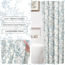 Ksriylm Dark Blue Linen Cotton Waterproof Shower Curtain, Farmhouse Elegance Floral Shower Curtains for Bathroom Decor, Chic Fabric Cloth Flower Leaves Shower Curtain 72" W x 72" L（180x180CM）