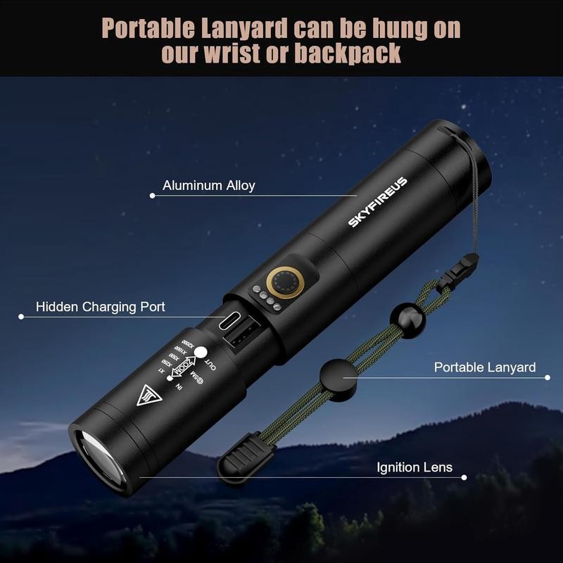 Pocket-Sized SKYFIRE 1353 Flashlight: Zoomable & Rechargeable for Emergencies, Night