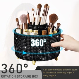 Diesisa Bling Makeup Organizer: 360°Rotating Bling Rhinestone Cosmetic Display Cases -Diamond Makeup Brush Holder - 5 Slot Cup for Cosmetics - Bling Lipstick Organizer - Gift for Women - Diamond Black