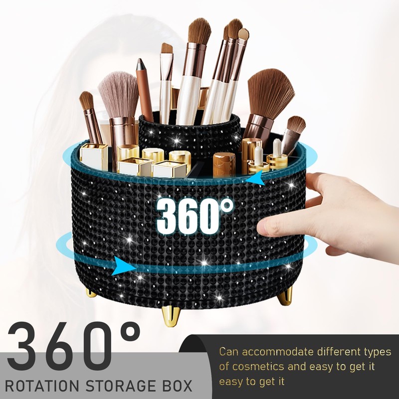Diesisa Bling Makeup Organizer: 360°Rotating Bling Rhinestone Cosmetic Display Cases
