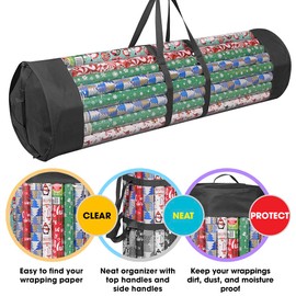 ProPik Wrapping Paper Organizer Storage Bag for All Your Gift Wrap & Ribbons, Fits Long 40 Inch Rolls, Hold Up To 24 Rolls, Heavy Duty Clear PVC Bag with Handles (Black & Clear)