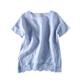 Minibee Women's Summer Linen Tunic Shirt High Low Hem Embroidery Blouse Top Blue XL