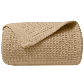 NesteriaHome 100% Cotton Blanket Waffle Weave Beige 405 GSM 90x90 Inches Soft Thermal Blanket Queen Size Lightweight, Breathable & Durable Summer Throw Blanket for Bed, Couches and Living Room